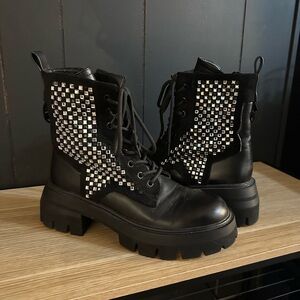 AZALEA WANG Black RHINESTONE Combat Boots PLATFORM